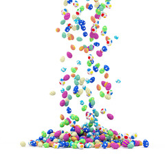 Heap of Painted Easter Eggs falling on white background. 3D Rendering