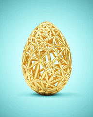 Big Golden Easter Egg with Ornament Pattern on turquoise gradient background. 3D Rendering