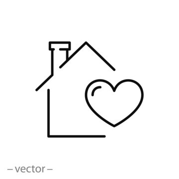 stay home icon, quarantine, house with heart, thin line web symbol on white background - editable stroke vector illustration eps10