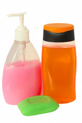 Shower gel, liquid soap plastic pump bottle and soap isolated on