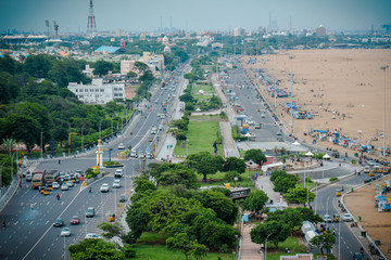 aerial view of the Chennai marina beach road
