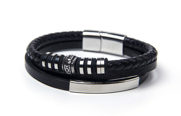 Black men's bracelet on a white background. Men's leather bracelet