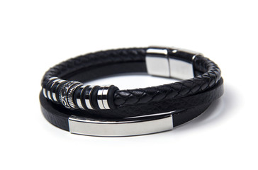 Black men's bracelet on a white background. Men's leather bracelet