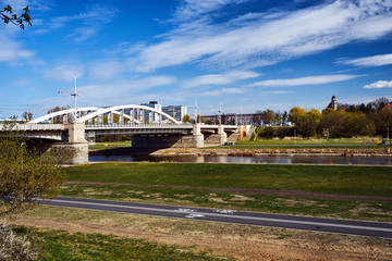 Fototapeta premium Steel structure of the bridge on the Warta River in Poznan.