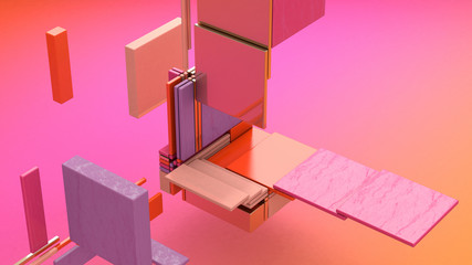 Broken cube. Glass, metallic, plastic rectangles. Abstract illustration, 3d rendering.