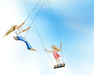 Mother and daughter on swing with blue clear sky on background - 339343430
