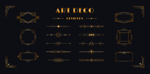 Art deco page divider header set. Vintage gold artdeco frames 1920s decorative ornaments, vector minimal elegant corners and borders geometric template design for wedding invitation card