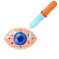Pipette and eyedropper. Red eye disease. Medicine for blood vessels and Allergy Problems. Conjunctivitis and health. Flat Drop of water. Blue human pupil