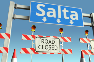 Fototapeta premium Roadblock near Salta city road sign. Quarantine or lockdown in Argentina conceptual 3D rendering