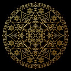 Round golden mandala on black background. Stylish vector design.