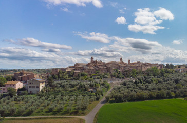 Fototapeta na wymiar Historic small town in italy, beautiful old buildings, shot by a drone.