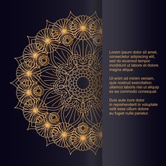 Template for card or invitation with beautiful gold mandala in ethnic style and place for text. Vector design.