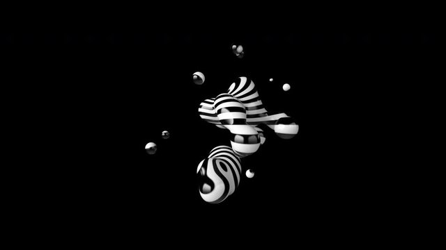 Fluid liquid blob, metaball morphing animation. Scattering, merging and flowing of glossy liquid deforming organic molecules. Embedded alpha channel