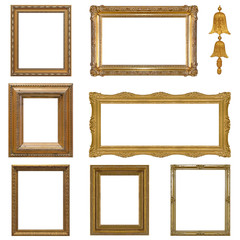 Set of golden frames for paintings, mirrors or photo isolated on white background