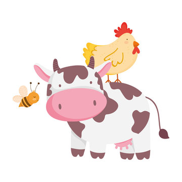 farm animals cow hen and flying bees cartoon