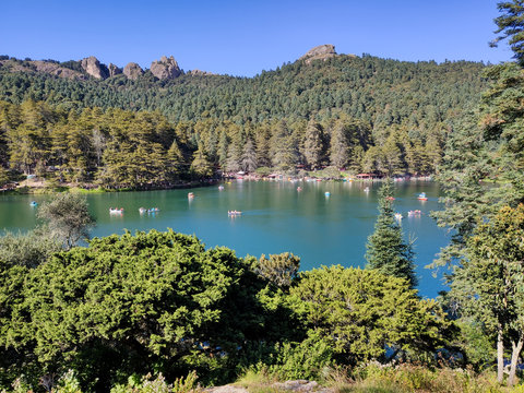 Lake with canoes surrounded by forest in Presa el cedral in Hidalgo Mexico