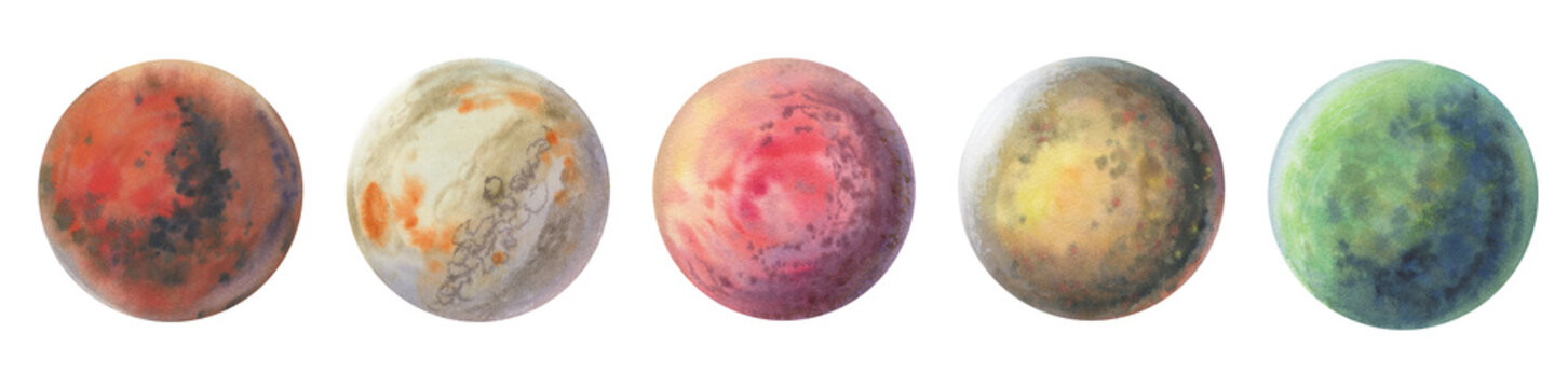 Set of colorful planets isolated on white background. Watercolor hand drawn abstract planet balls magic art work illustration. Colorful abstract geometric circle.