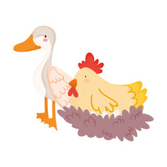 farm animals cartoon goose and hen in nest cartoon
