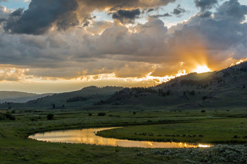 Sunset Reflections In Slough Creek, Lamar Valley, Yellowstone National Park, Wyoming, USA