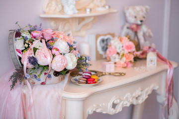 Wedding rings and other accessories close-up during the bride's gathering. Wedding