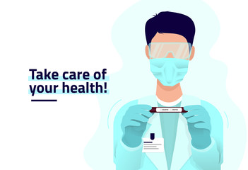 STOP Coronavirus. Doctor hero fighting Coronavirus. Doctor with COVID-19, coronavirus symptoms test sample. Doctor wearing mask and protection glasses. Vector Illustration for banner, poster, flyer.