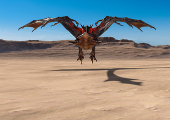 dragon is taking off on desert rear view