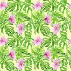 Watercolor illustration seamless pattern of tropical leaves and flower hibiscus. Perfect as background texture, wrapping paper, textile or wallpaper design. Hand drawn