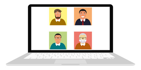 People group on laptop screen taking part in online conference. call screen template. Illustration of webinar, online conference and training