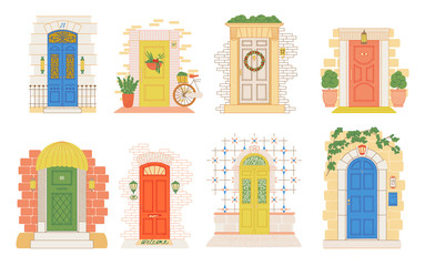 Illustration of doors from different countries, from travels. Collection of European old doors. Doodle vector style.