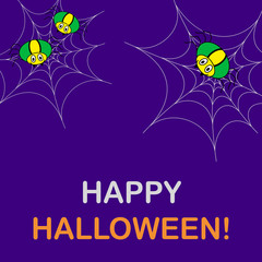 Huge spiders sitting in the center of the web. Funny green spiders on a purple background. Cute smiling arachnids. Halloween symbol. Flat vector illustration. Halloween greeting card.