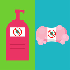 Disinfection. Hand hygiene. Hand sanitizer bottles, washing gel, Soap Bar. Foam Bubbles.
