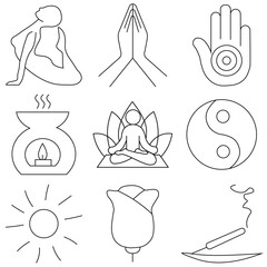 Set of hand drawn yoga and wellness line icons. Elements in outline style for spa center or yoga studio