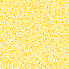 Vector light yellow scattered fun doodle daisy flowers repeat pattern with orange center. Suitable for textile, gift wrap and wallpaper.