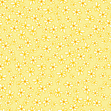 Vector light yellow scattered fun doodle daisy flowers repeat pattern with orange center. Suitable for textile, gift wrap and wallpaper.