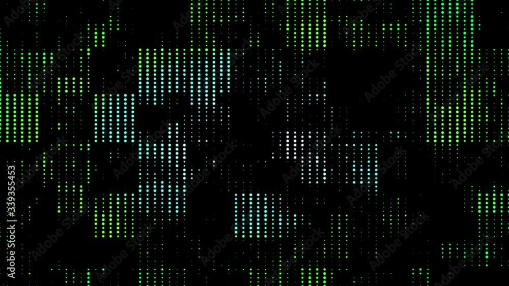 Poster Abstract motion green blue beige dots halftone geometrically pattern at flat black background. 3d render loop animation