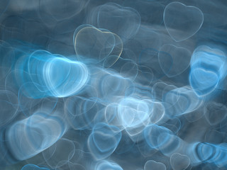 Abstract Illustration - Glowing Blue Hearts, soft shapes blurred background. Magical fantasy background image, vibrant transparent glowing shapes. Colored hearts, digital artwork, random