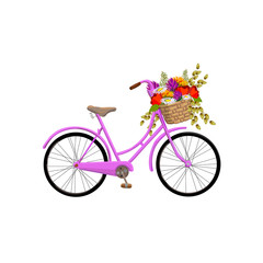 Pink bicycle with flowers on an isolated background