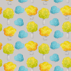 Fototapeta premium Seamless pattern of cute sweet childish colorful blue yellow orange grey, doodle bushes and trees isolated on light grey background