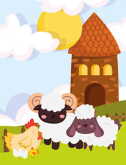 Obraz na płótnie Canvas farm animals goat sheep hen and eggs house cartoon