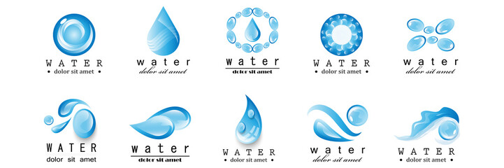 Water Splash Vector And Drop Set - Isolated On White. Abstract Vector Collection Of Flat Water Splash and Drop Logo. Icons For Droplet, Water Wave, Rain, Raindrop, Company Logo And Bubble Design