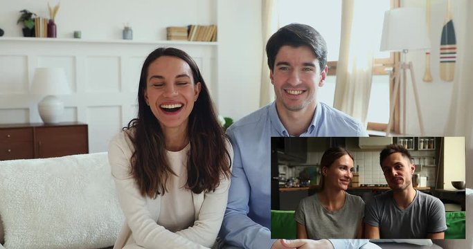 Two young family couples talking video calling from home. Happy distance friends chatting online in virtual app by web camera enjoying lifestyle communication. Computer screen group chat collage view