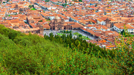 Aerial panorama cityscape of the Plaza de Armas main square of Cusco, Peru.