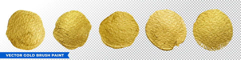 Gold brush paint circles, vector golden glitter texture round smear strokes. Abstract glittering gold paint strokes set on transparent background