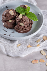 Delicious chocolate ice cream for dessert on plate with mint leaf