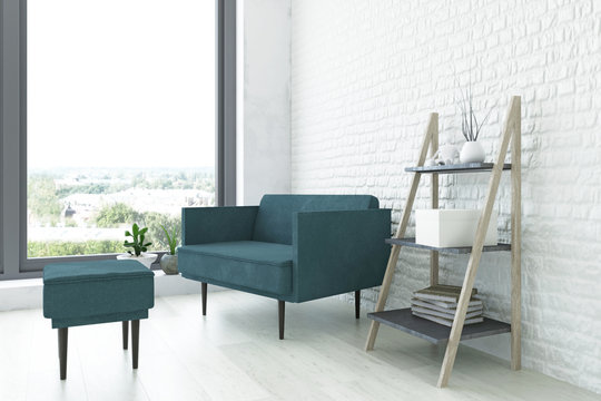 Artistic Interior with Turquoise Armchair and Ladder Shelf