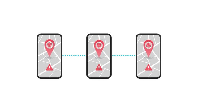 Coronavirus tracking app concept animation with three phones connection through bluetooth