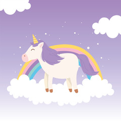 unicorn on cloud with rainbow decoration magical fantasy cartoon cute animal