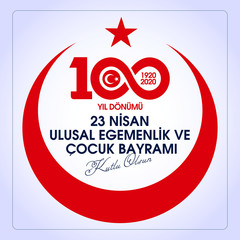 (23 Nisan Ulusal Egemenlik ve Cocuk Bayrami, 100.yili Kutlu Olsun. Kutlama Tebrik Karti) 100th Year. 23 April, National Sovereignty and Children’s Day Turkey celebration card. vector illustration.