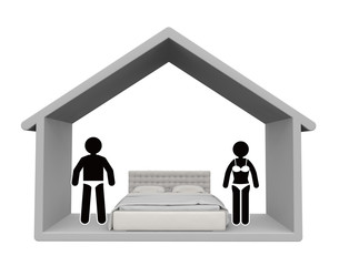 Men and women. Bed in the bedroom. Night life. 3D rendering - obrazy, fototapety, plakaty