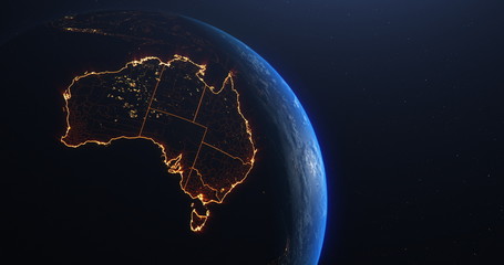Australia map outline view from space, globe planet earth, red glow color, elements of this image courtesy of NASA © Sono Creative